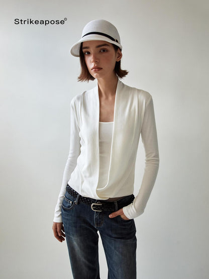 STRIKE A POSE Solid Color Mock Layered Draped Neck Modal Knit Women&
