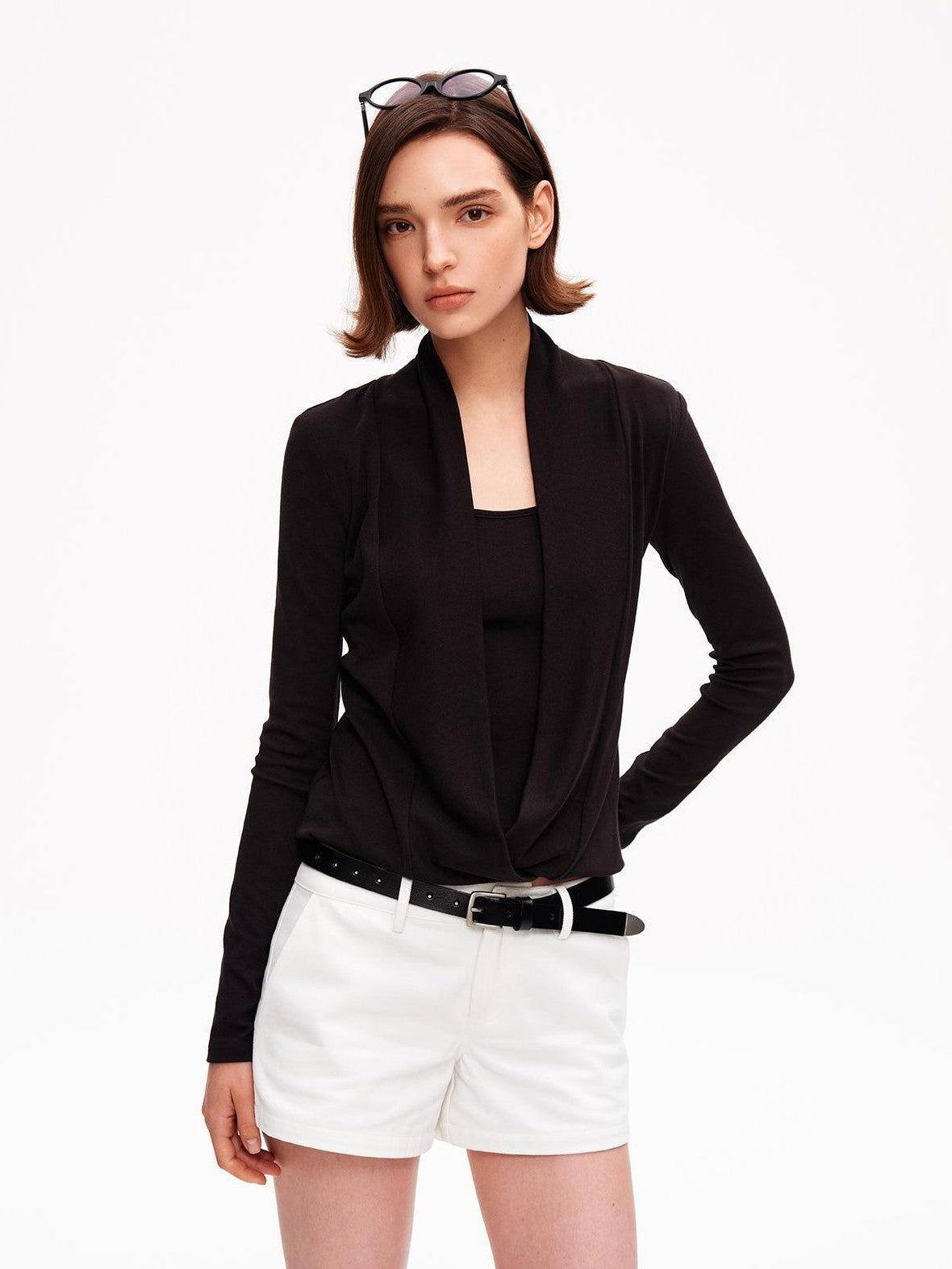 STRIKE A POSE Solid Color Mock Layered Draped Neck Modal Knit Women&