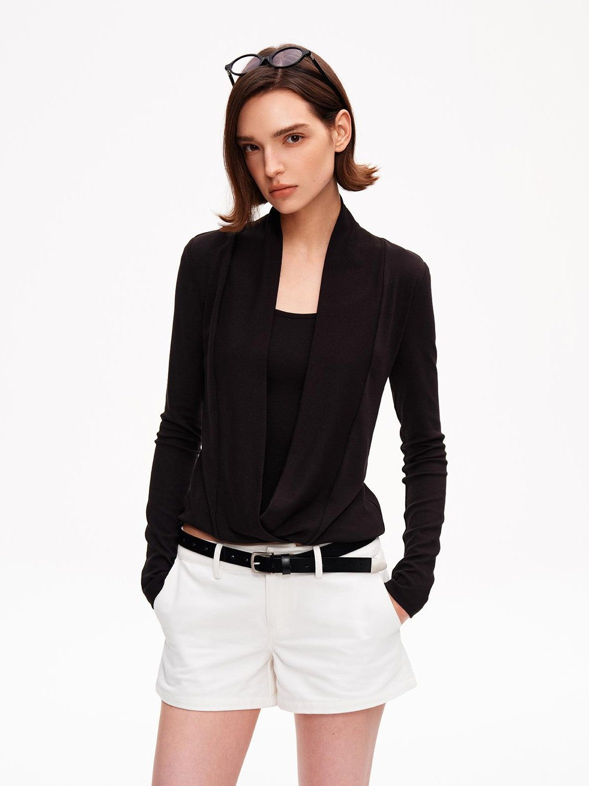 STRIKE A POSE Solid Color Mock Layered Draped Neck Modal Knit Women&