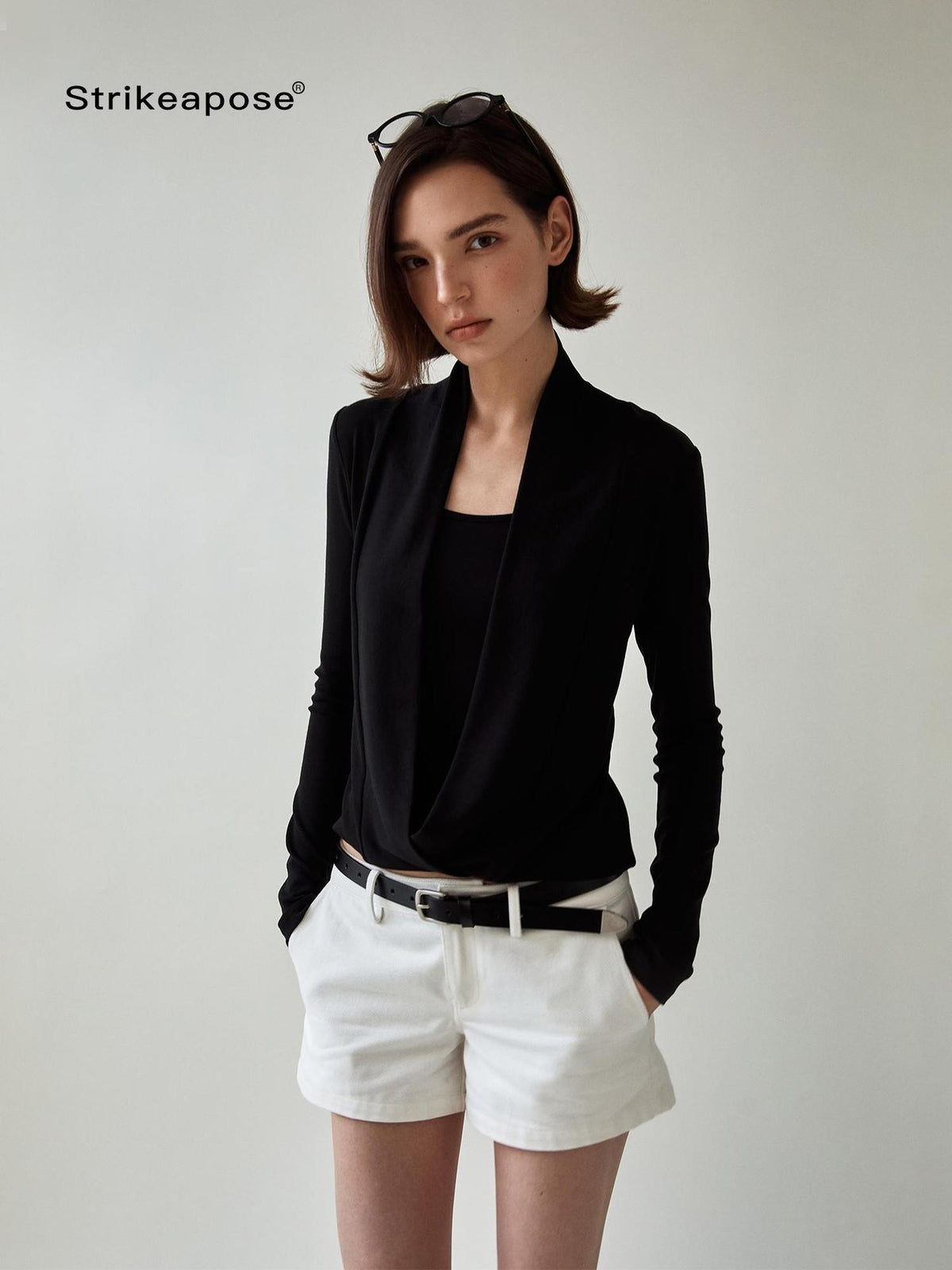 STRIKE A POSE Solid Color Mock Layered Draped Neck Modal Knit Women&