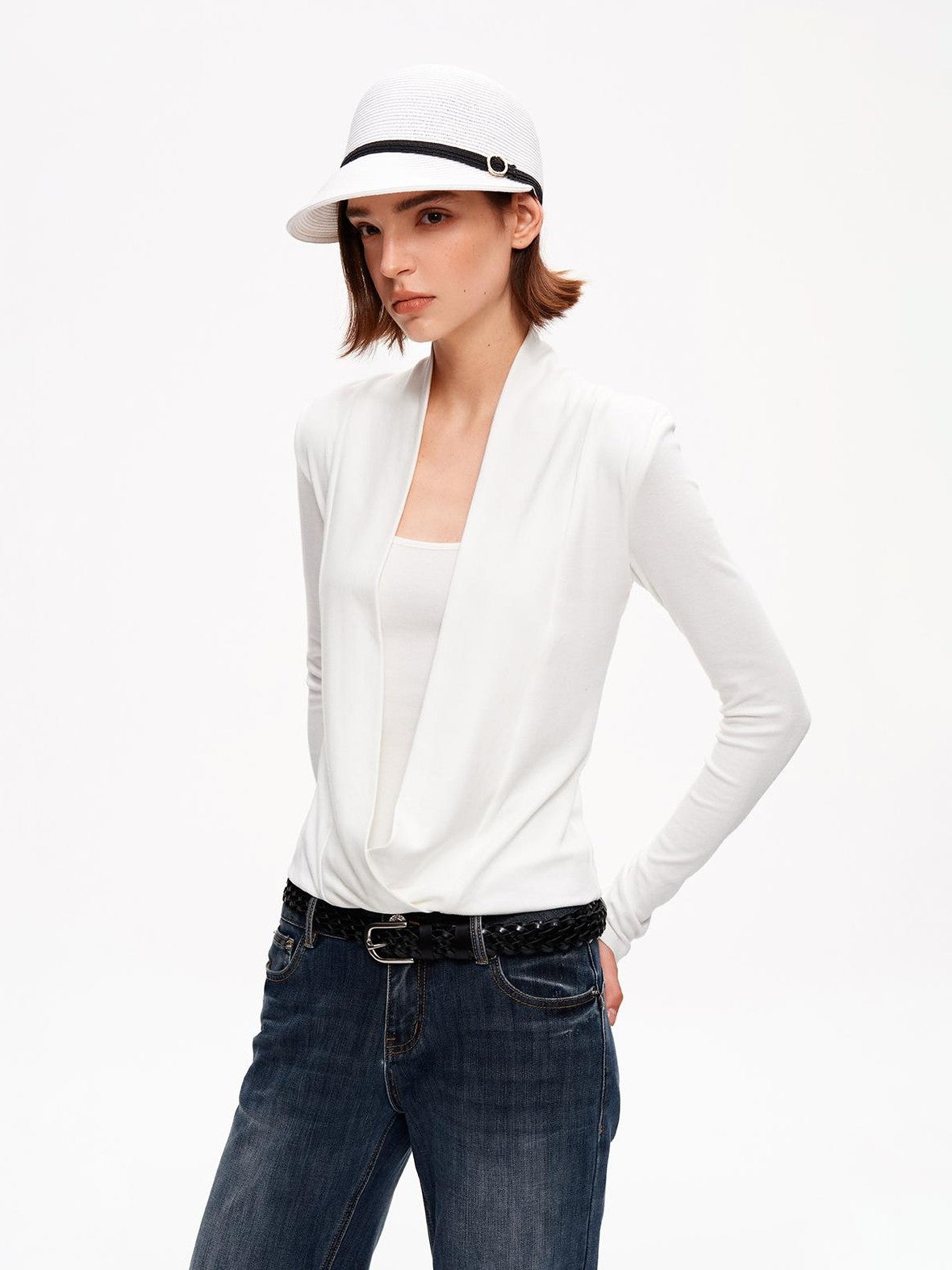 STRIKE A POSE Solid Color Mock Layered Draped Neck Modal Knit Women&