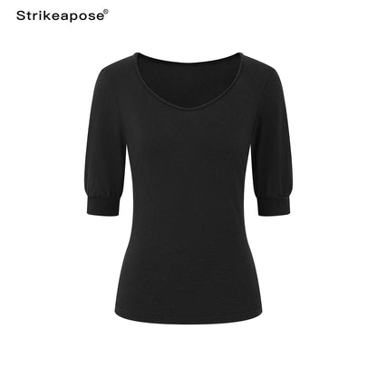 STRIKE_A_POSE_Solid_U_Neck_Cuffed_Half_Slim_Waist_Women&