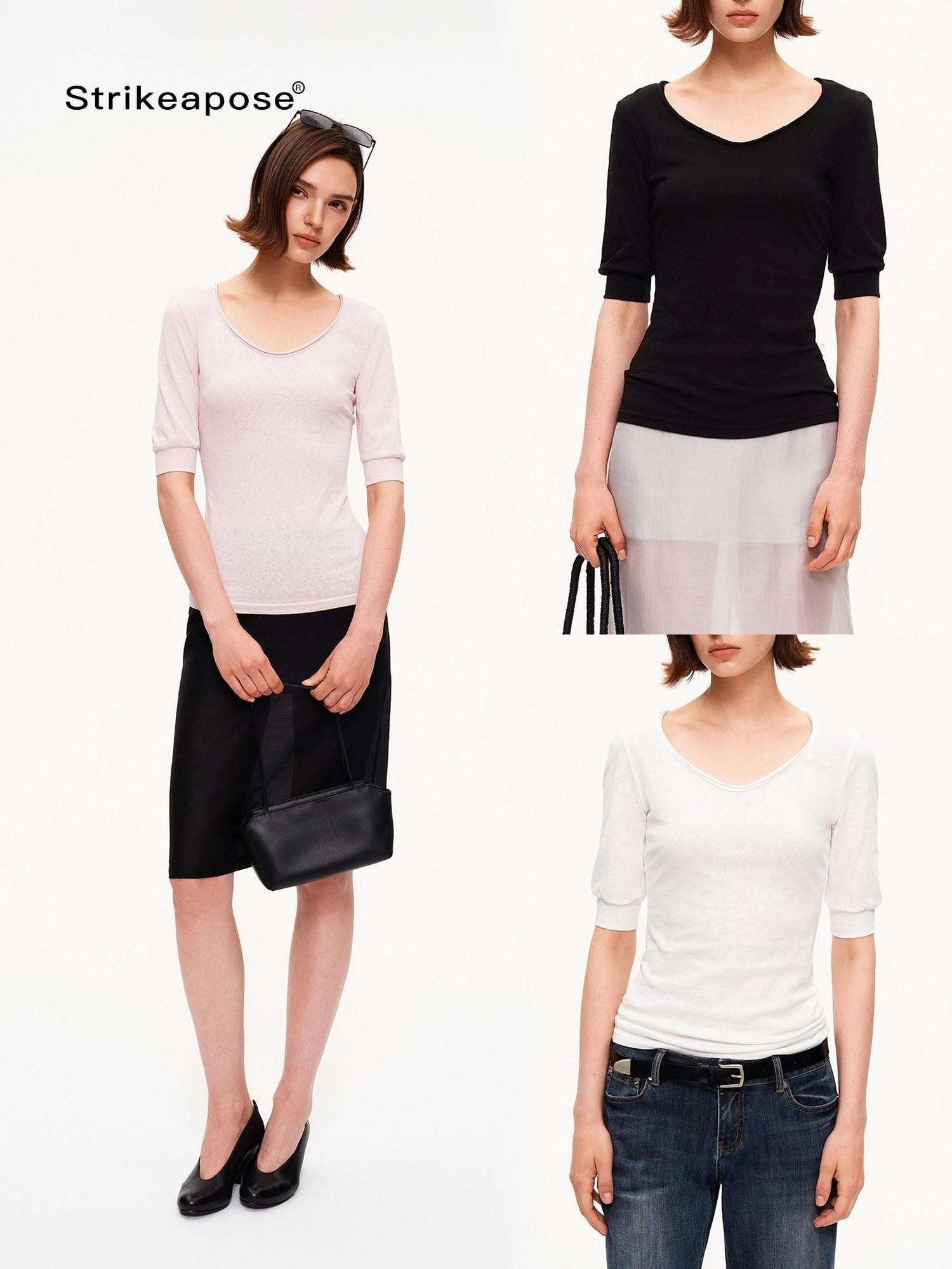 STRIKE A POSE Solid U Neck Cuffed Half Slim Waist Women&