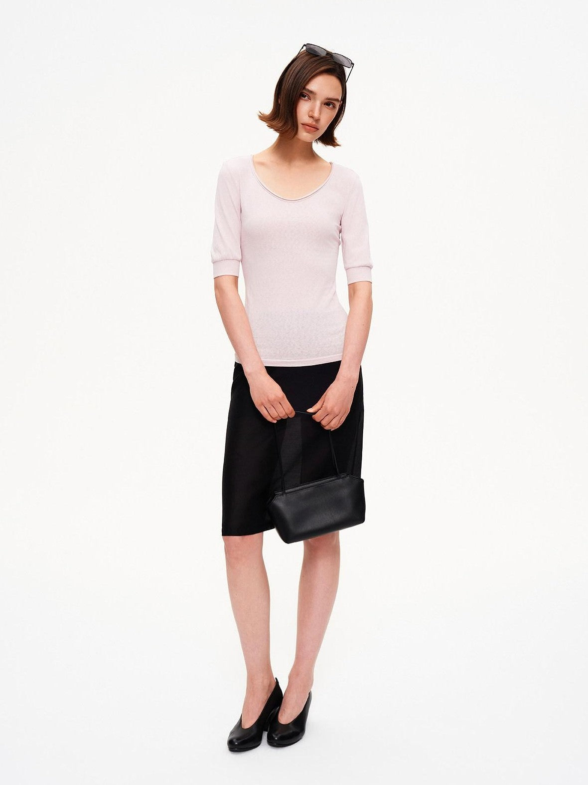 STRIKE A POSE Solid U Neck Cuffed Half Slim Waist Women&