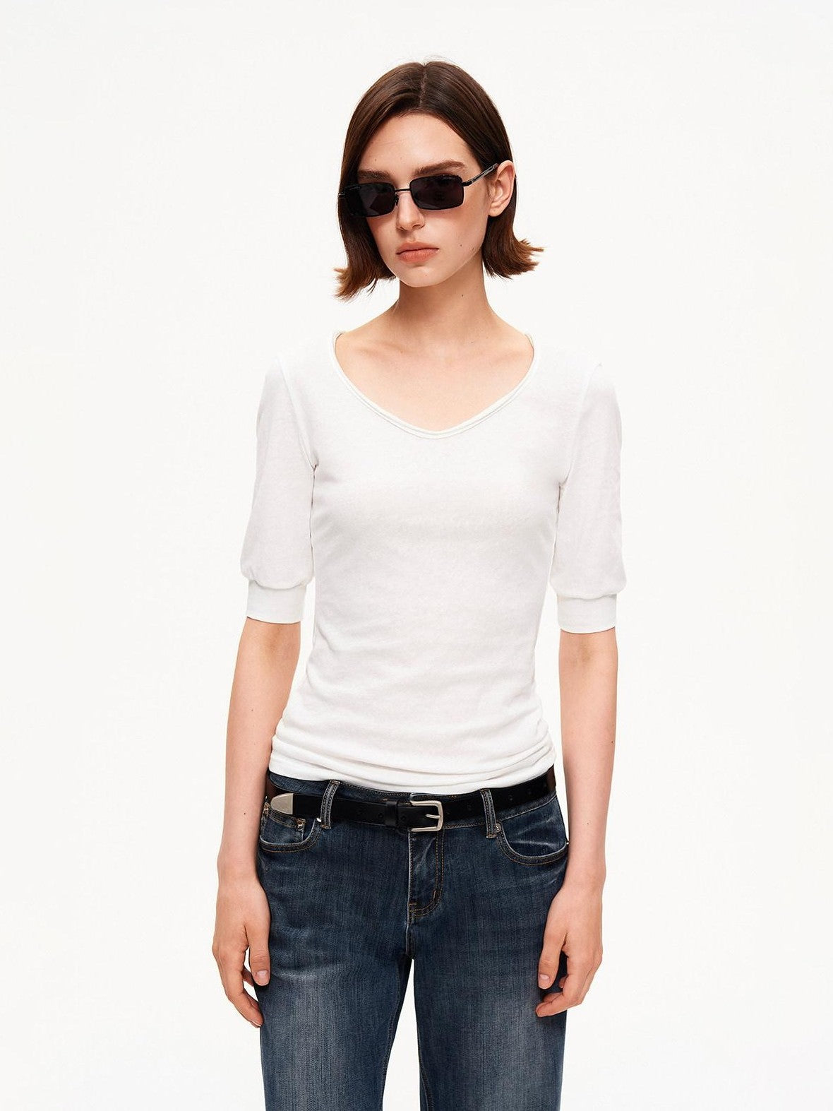STRIKE A POSE Solid U Neck Cuffed Half Slim Waist Women&