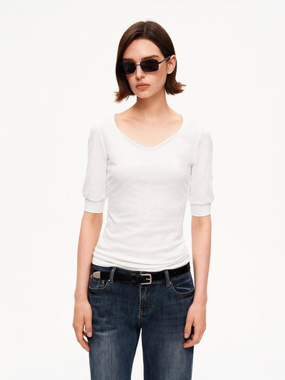 STRIKE A POSE Solid U Neck Cuffed Half Slim Waist Women&