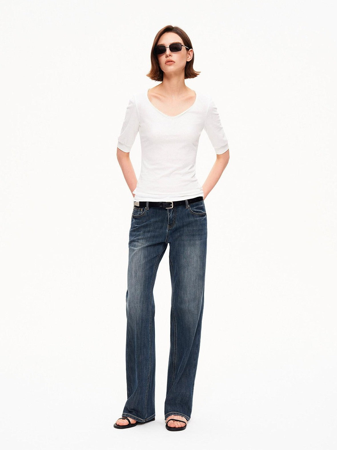 STRIKE A POSE Solid U Neck Cuffed Half Slim Waist Women&