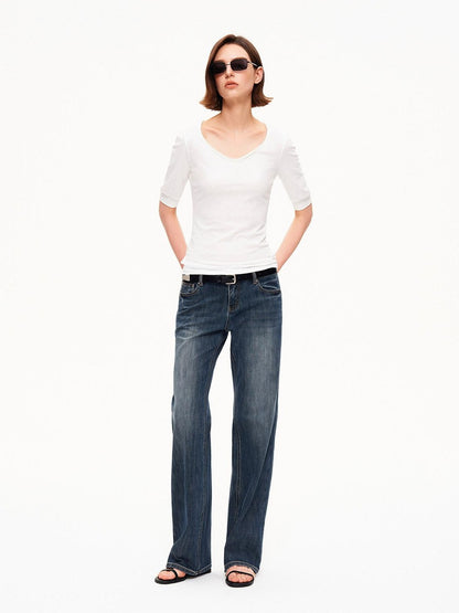 STRIKE A POSE Solid U Neck Cuffed Half Slim Waist Women&