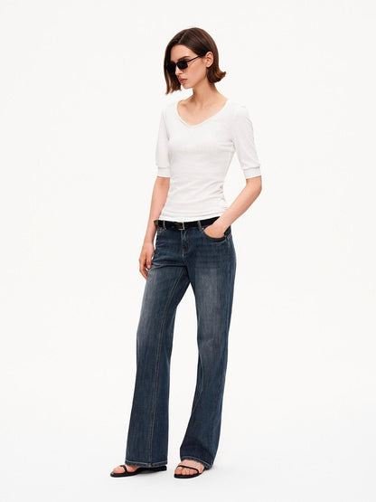 STRIKE A POSE Solid U Neck Cuffed Half Slim Waist Women&