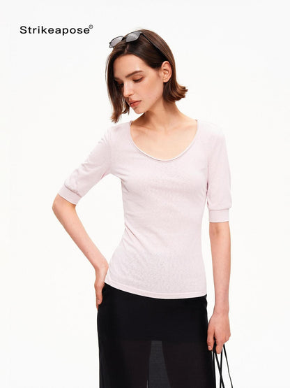 STRIKE A POSE Solid U Neck Cuffed Half Slim Waist Women&