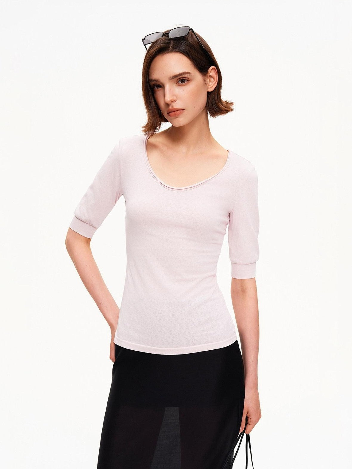 STRIKE A POSE Solid U Neck Cuffed Half Slim Waist Women&