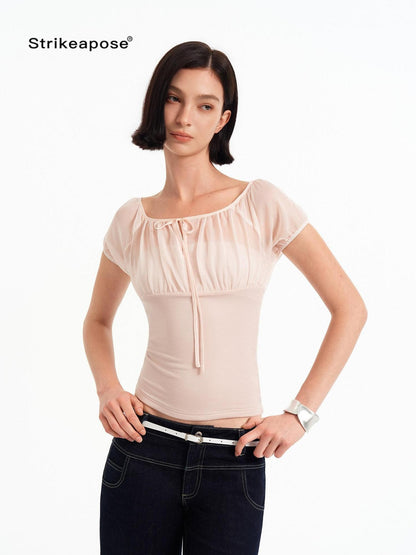 STRIKE A POSE Square Neck Mesh Splice Waist Slim Women&