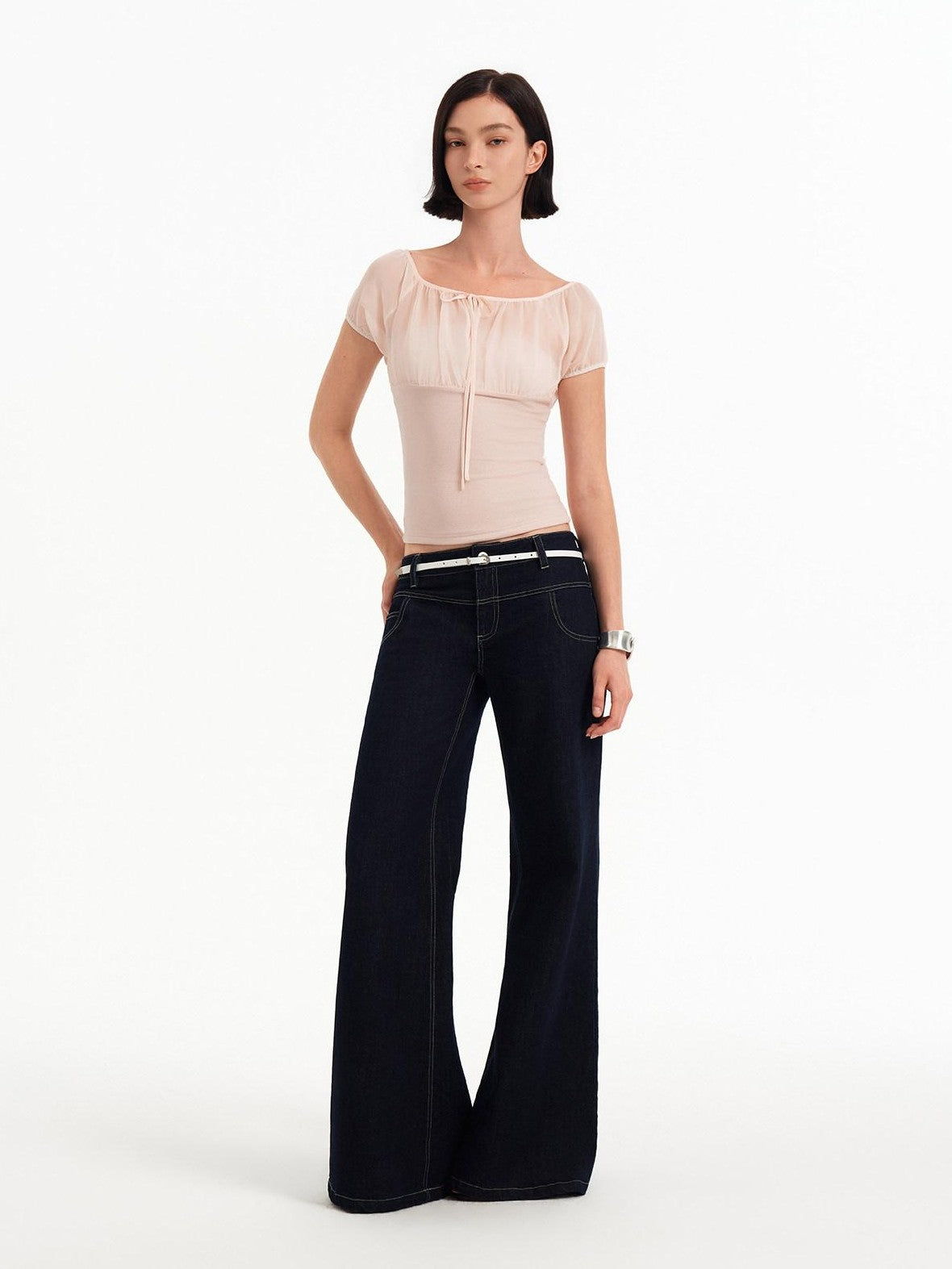 STRIKE A POSE Square Neck Mesh Splice Waist Slim Women&