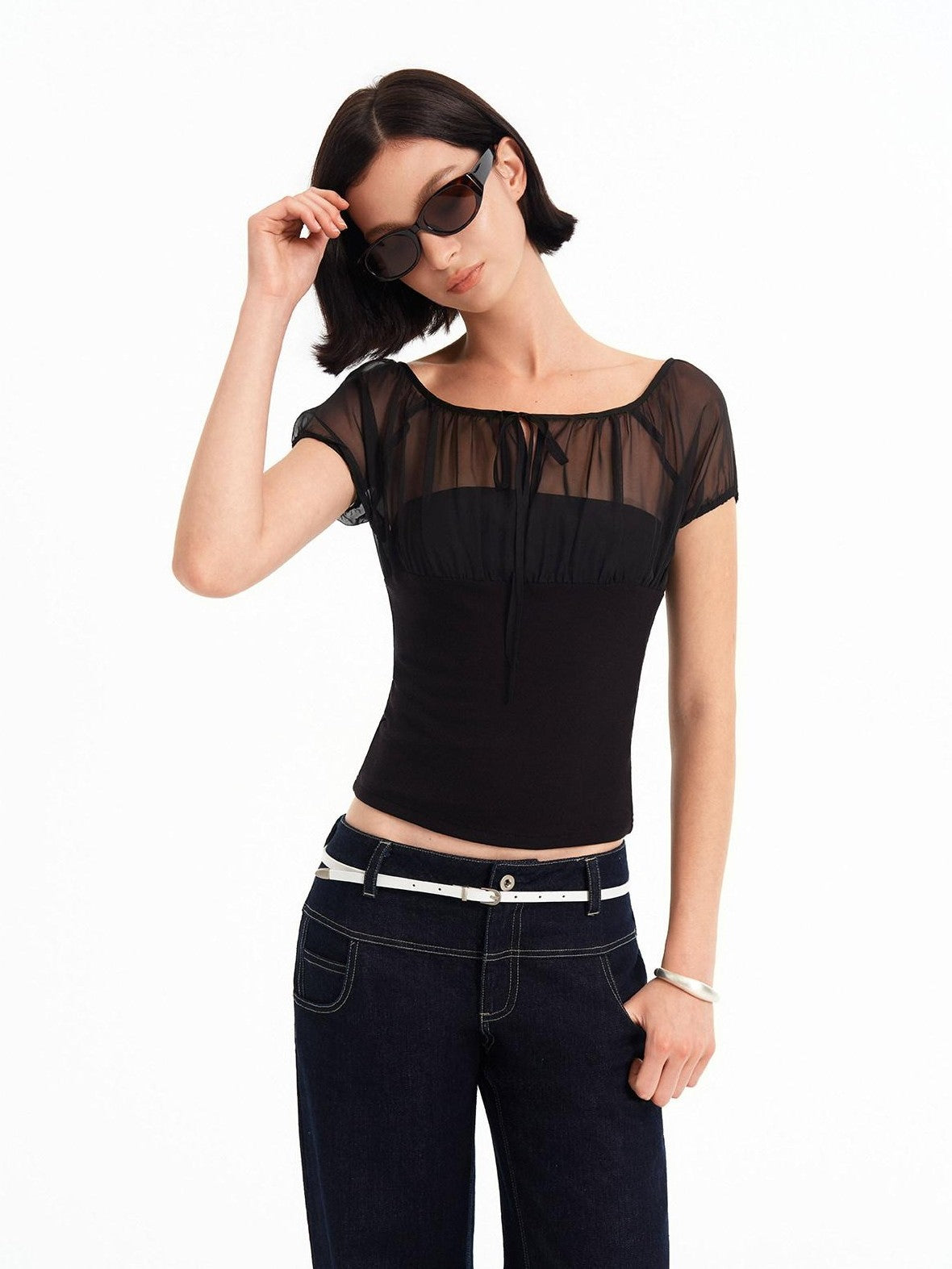 STRIKE A POSE Square Neck Mesh Splice Waist Slim Women&