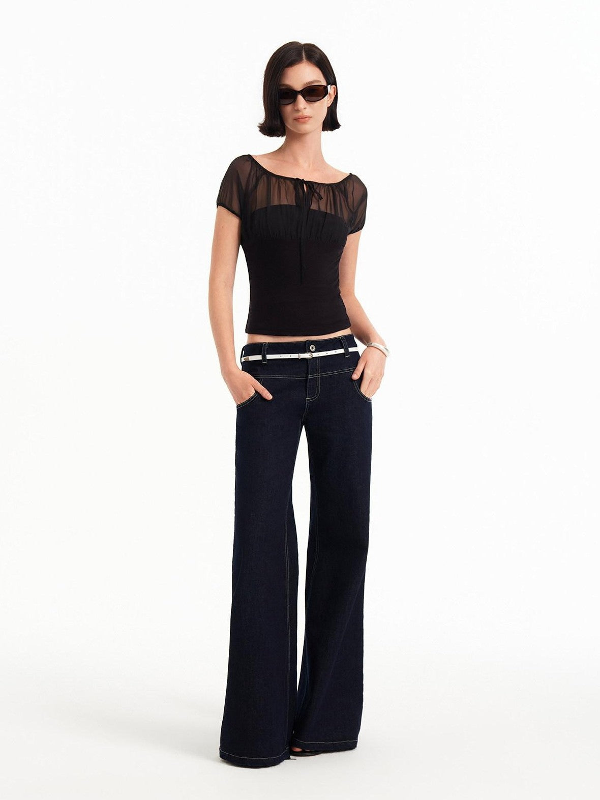 STRIKE A POSE Square Neck Mesh Splice Waist Slim Women&