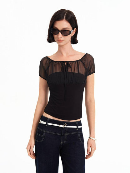 STRIKE A POSE Square Neck Mesh Splice Waist Slim Women&