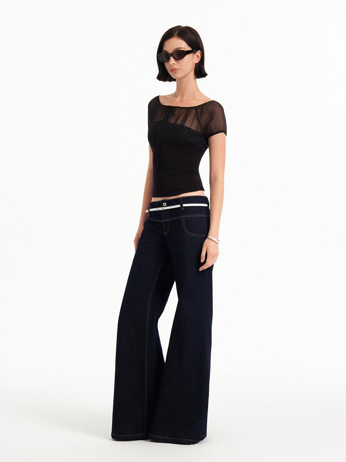 STRIKE A POSE Square Neck Mesh Splice Waist Slim Women&