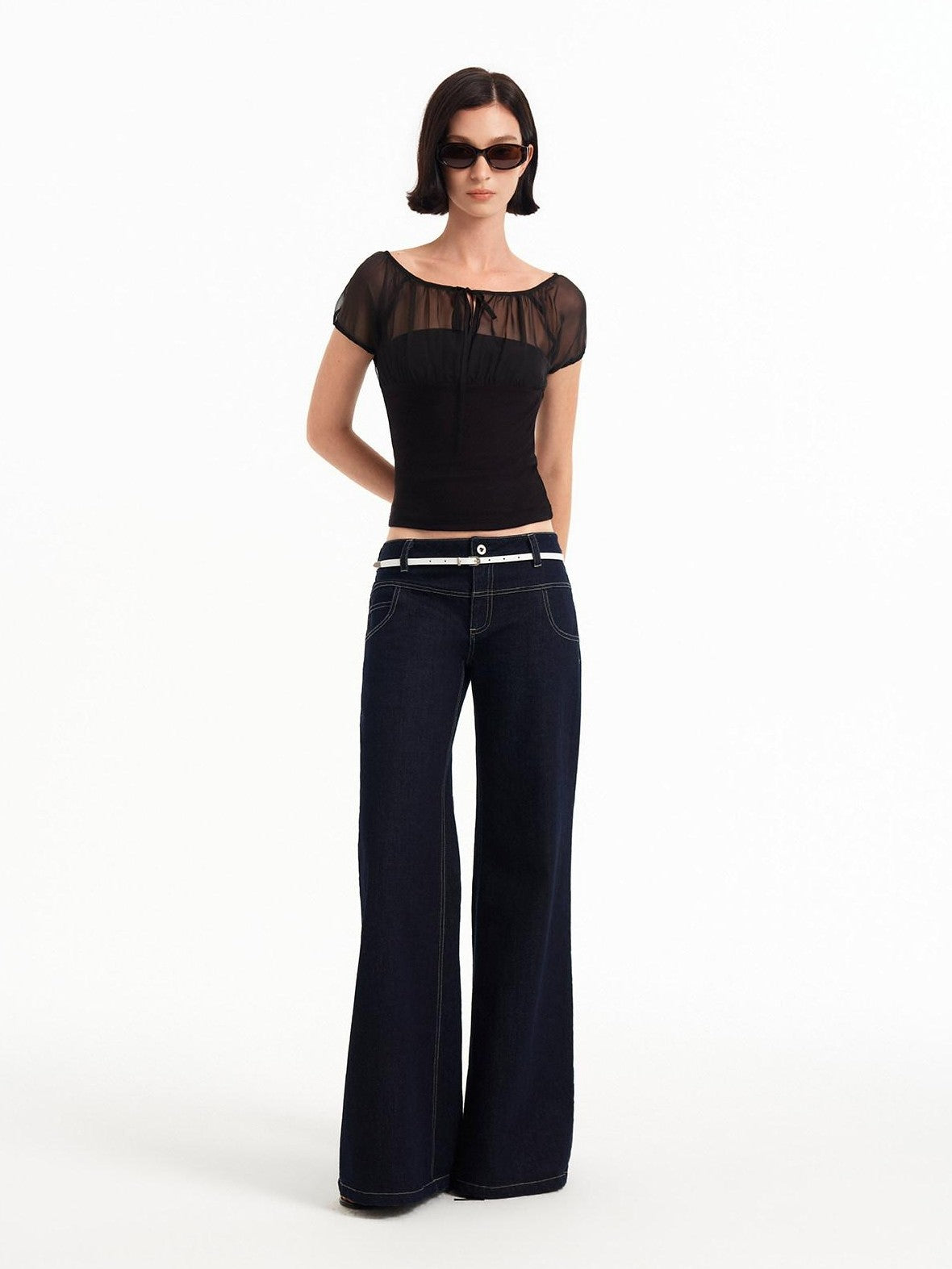 STRIKE A POSE Square Neck Mesh Splice Waist Slim Women&