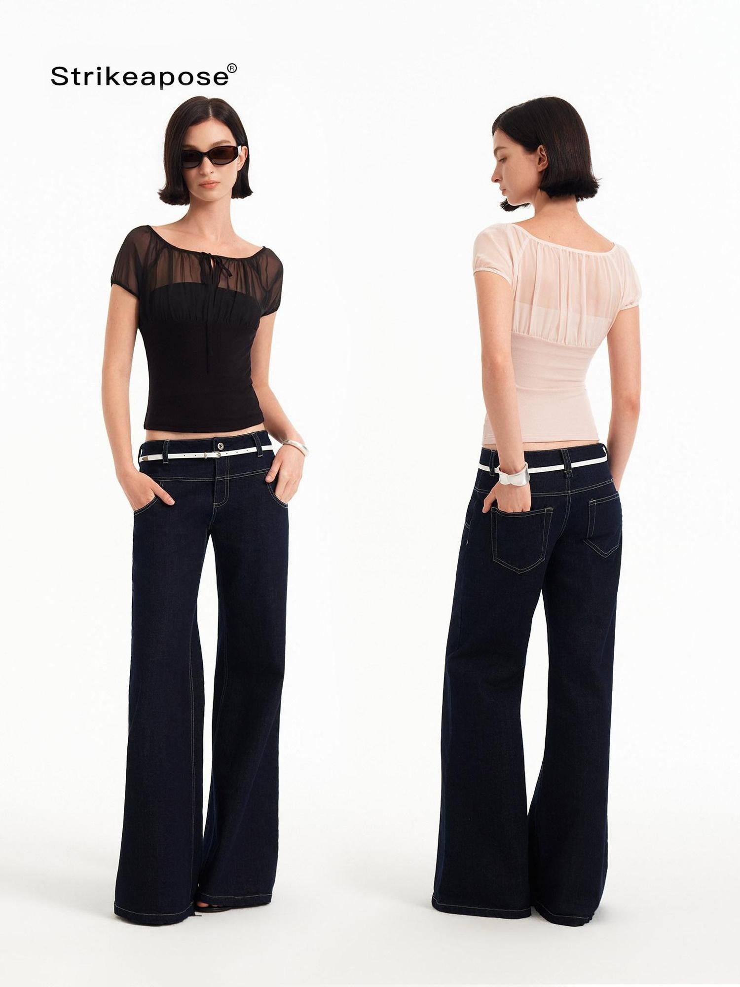 STRIKE A POSE Square Neck Mesh Splice Waist Slim Women&