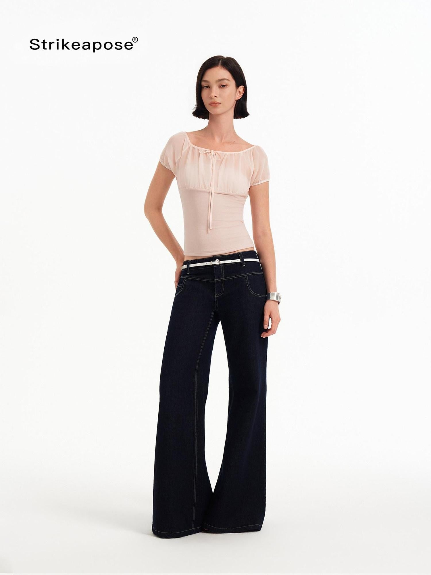 STRIKE A POSE Square Neck Mesh Splice Waist Slim Women&