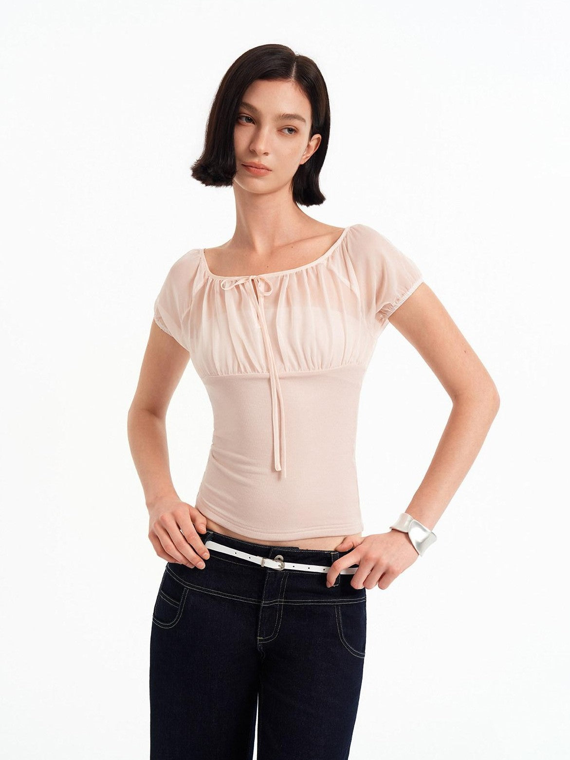 STRIKE A POSE Square Neck Mesh Splice Waist Slim Women&