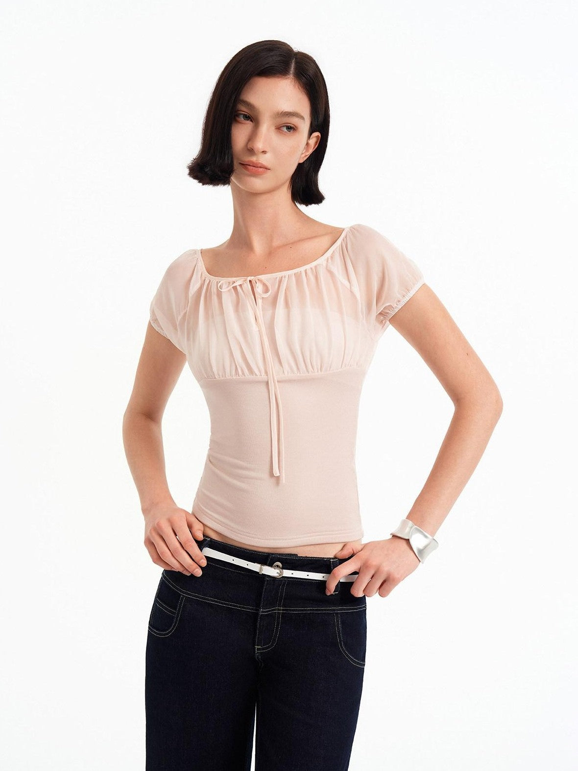 STRIKE A POSE Square Neck Mesh Splice Waist Slim Women&