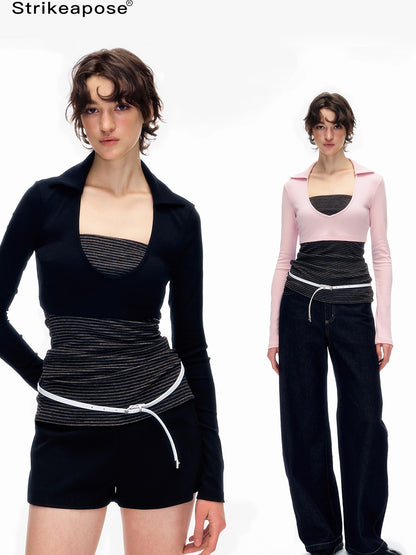 STRIKE A POSE Striped Colorblock Deep V Knit Women&