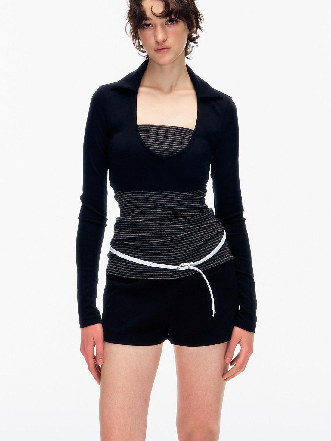 STRIKE A POSE Striped Colorblock Deep V Knit Women&
