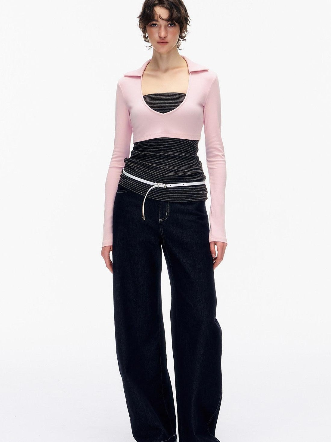 STRIKE A POSE Striped Colorblock Deep V Knit Women&