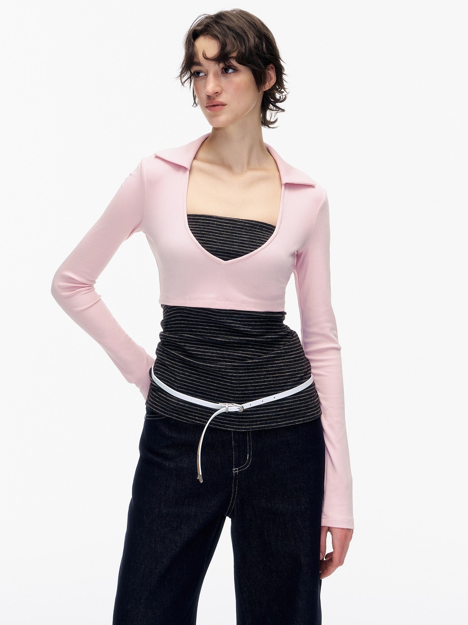 STRIKE A POSE Striped Colorblock Deep V Knit Women&