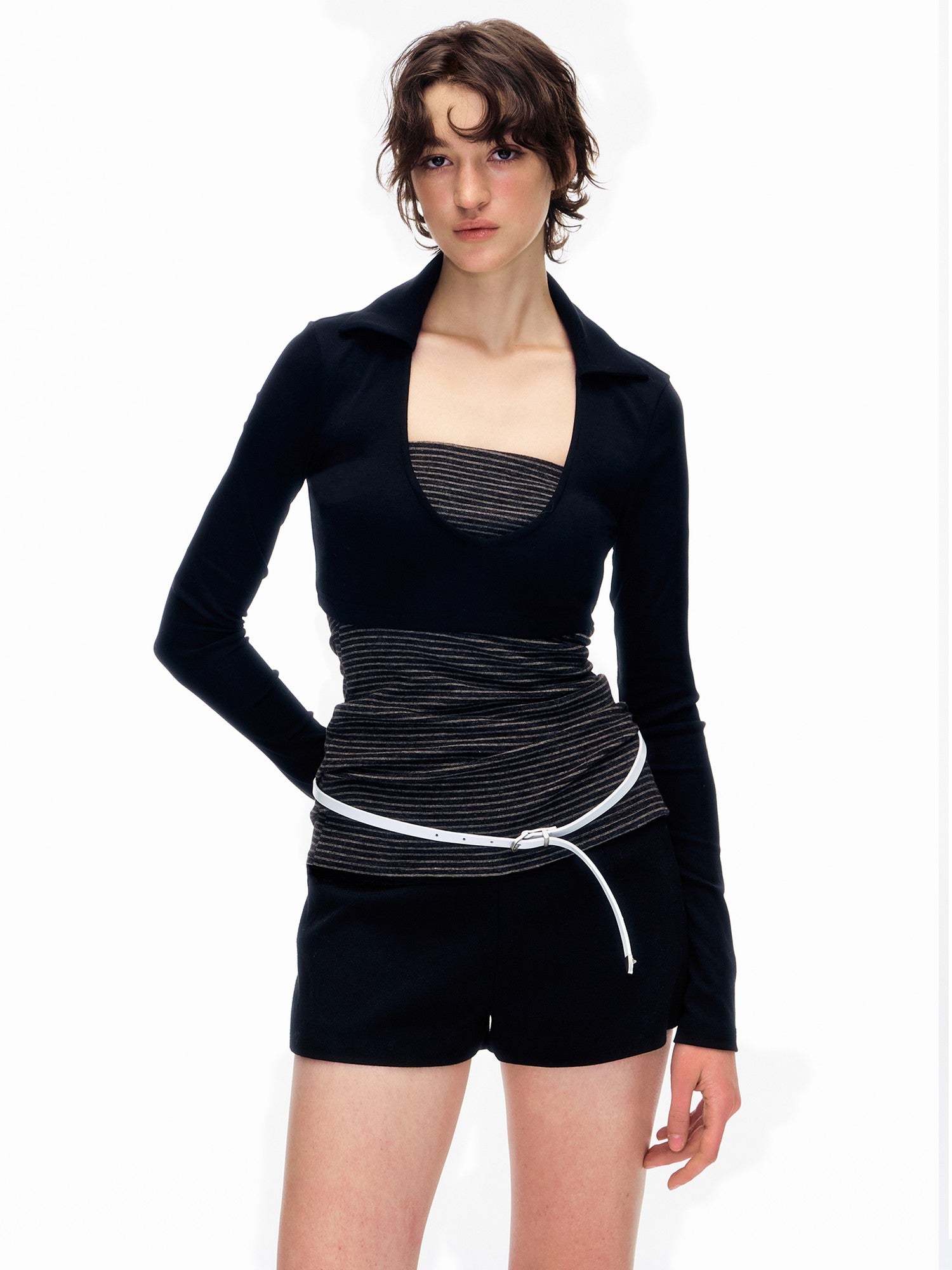 STRIKE A POSE Striped Colorblock Deep V Knit Women&