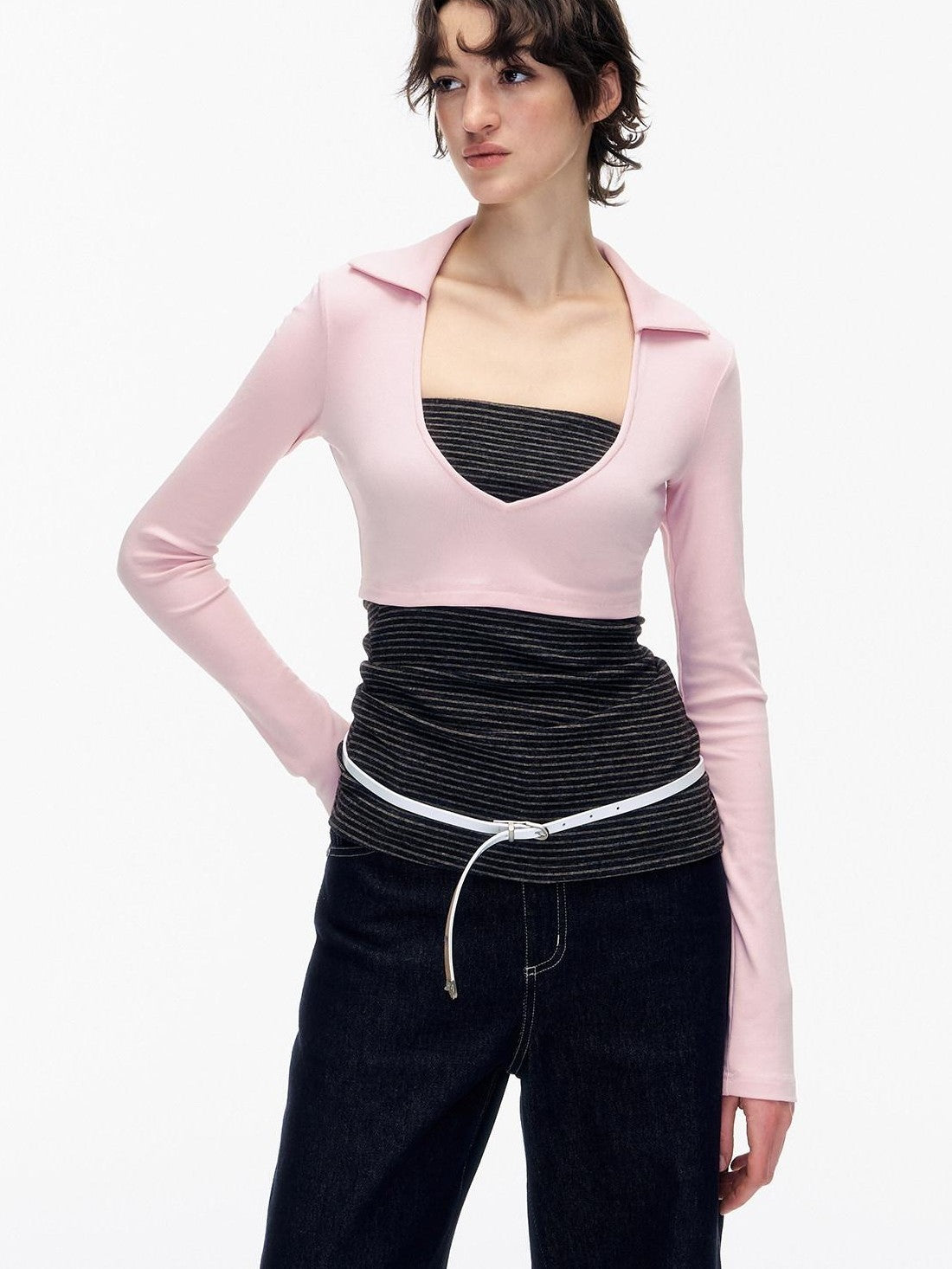 STRIKE A POSE Striped Colorblock Deep V Knit Women&