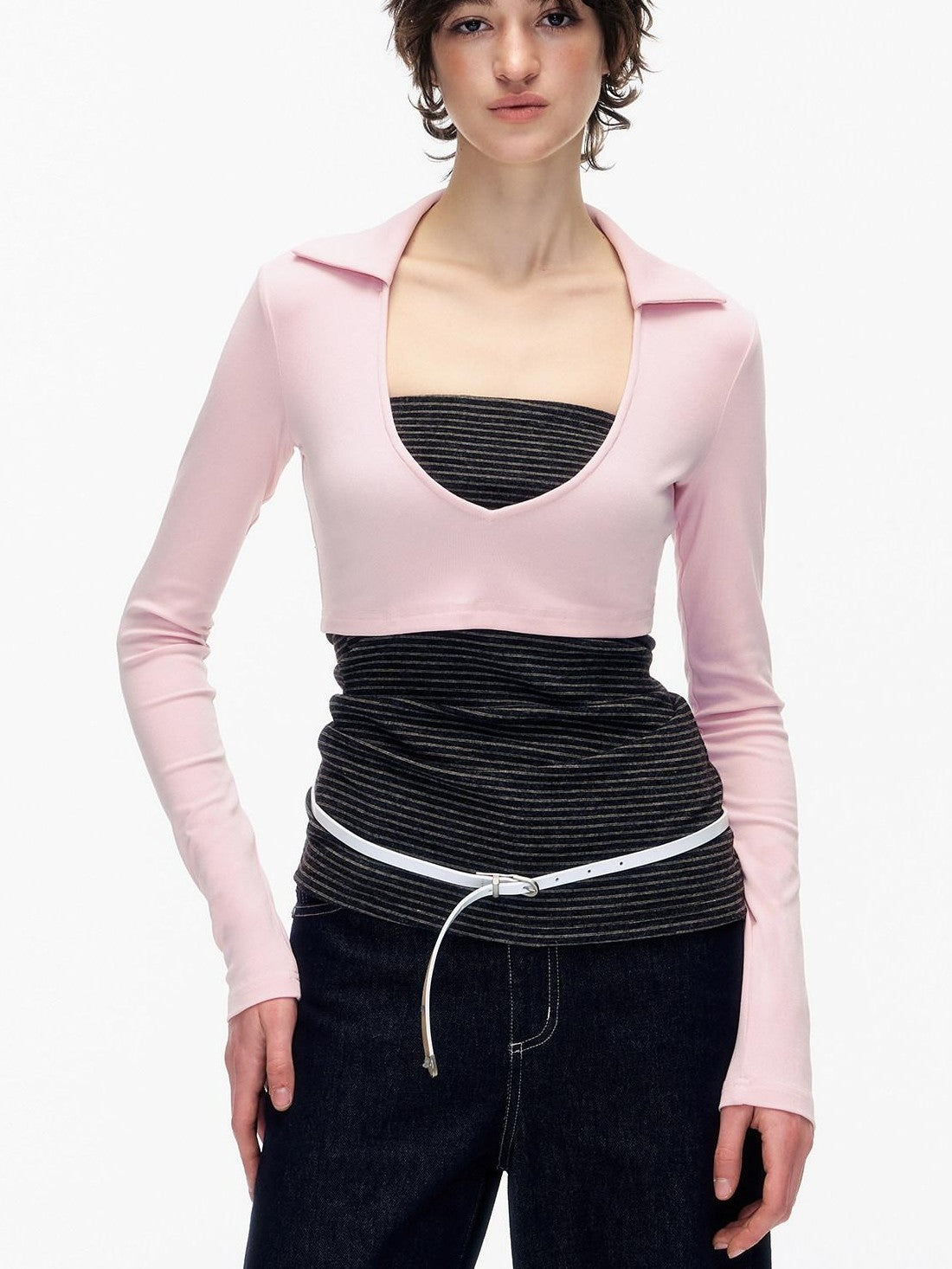 STRIKE A POSE Striped Colorblock Deep V Knit Women&