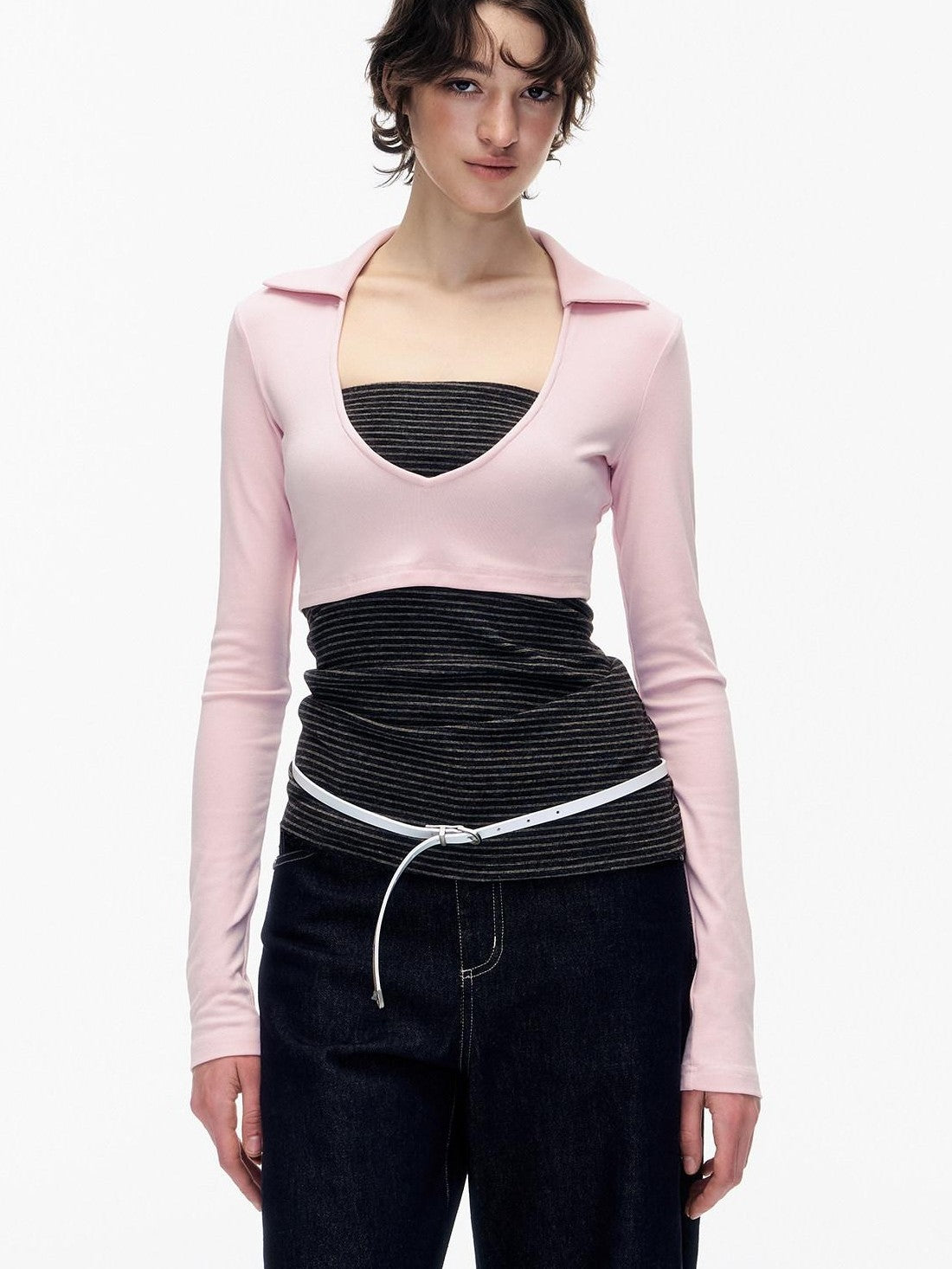 STRIKE A POSE Striped Colorblock Deep V Knit Women&