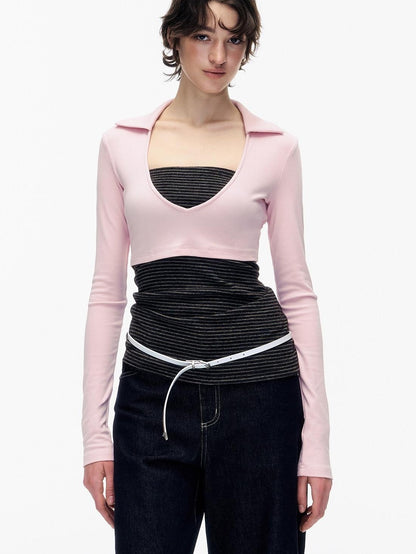 STRIKE A POSE Striped Colorblock Deep V Knit Women&