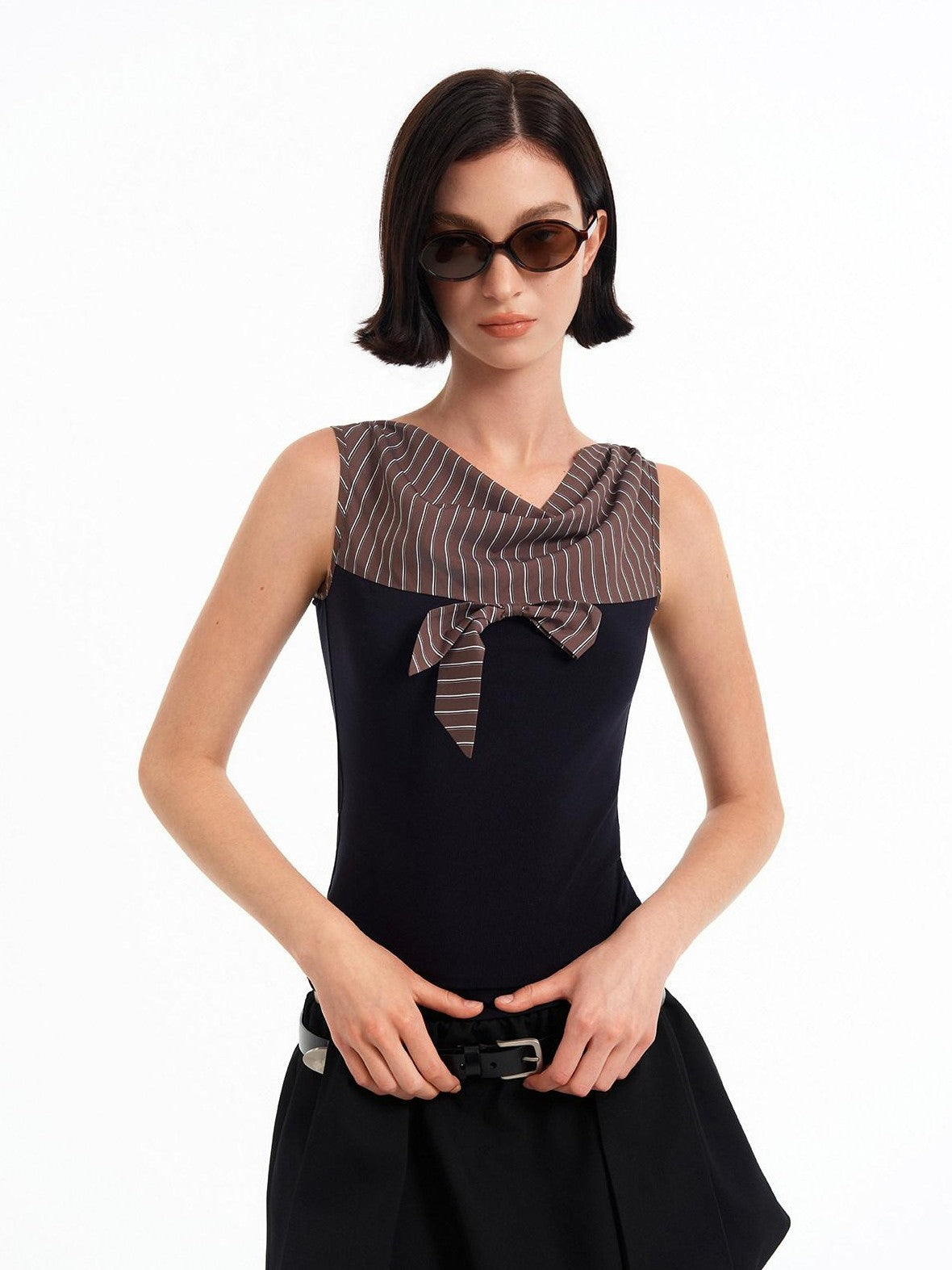 STRIKE A POSE Striped Contrast Splice Shirt Collar Knit Fitted Waist Women&