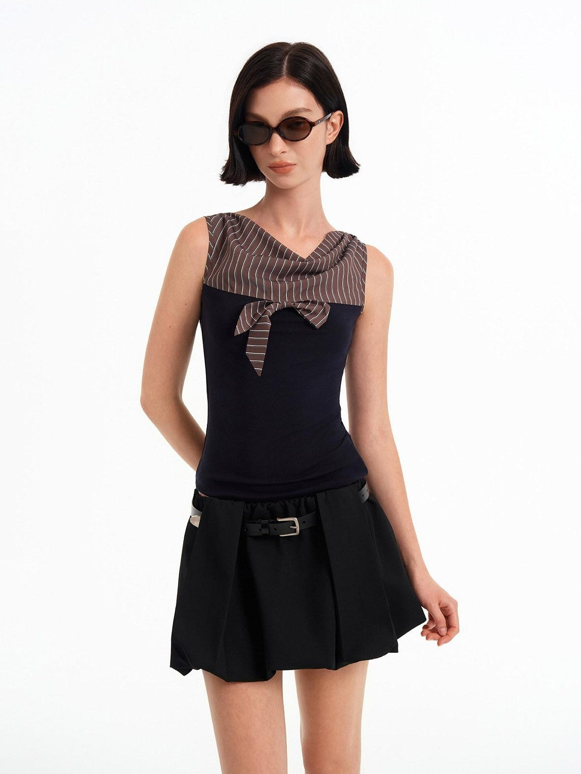 STRIKE A POSE Striped Contrast Splice Shirt Collar Knit Fitted Waist Women&