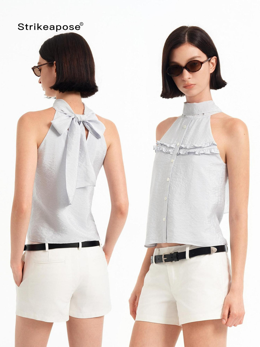 STRIKE A POSE Textured Convertible Stand Collar Ruffle Button Slim Women&