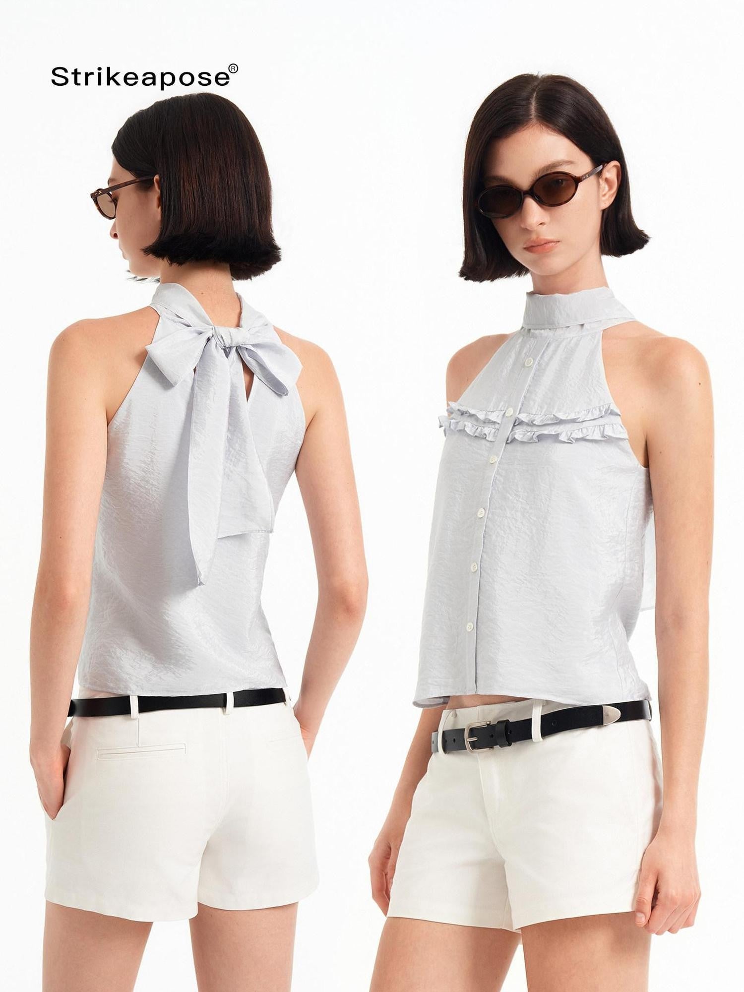 STRIKE A POSE Textured Convertible Stand Collar Ruffle Button Slim Women&