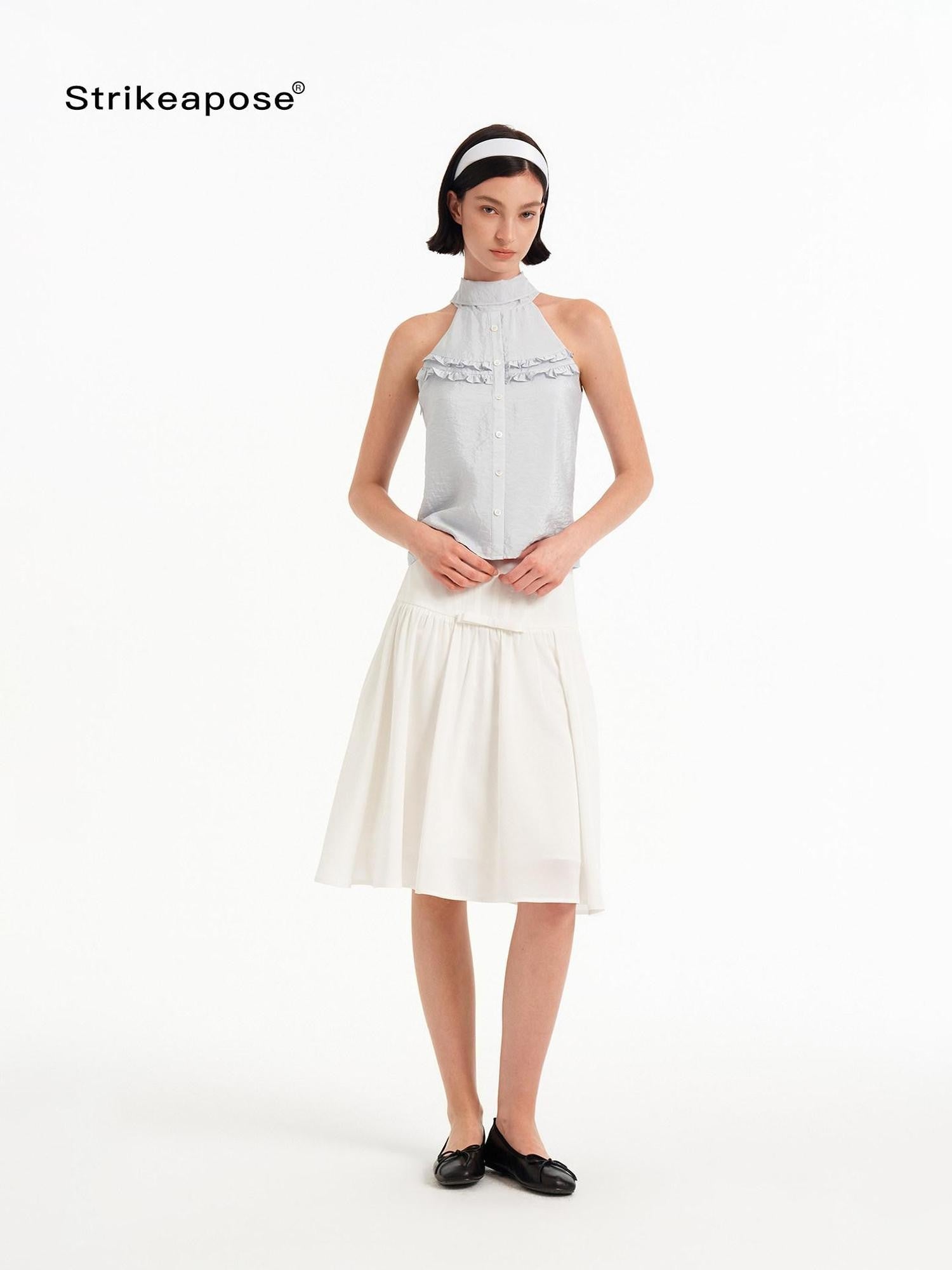STRIKE A POSE Textured Convertible Stand Collar Ruffle Button Slim Women&