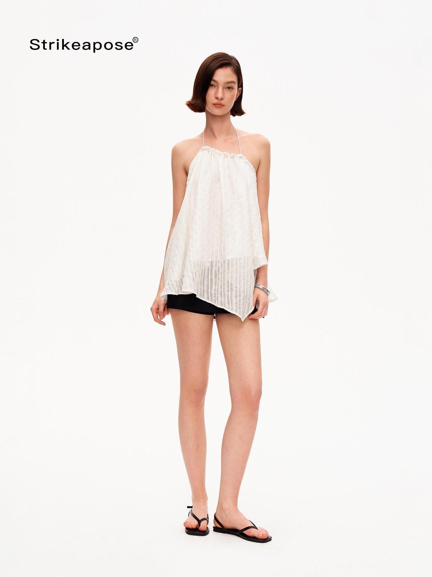 STRIKE A POSE Textured Ruched Halter A Line Slanted Hem Layered Women&