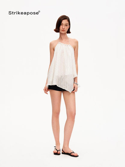 STRIKE A POSE Textured Ruched Halter A Line Slanted Hem Layered Women&