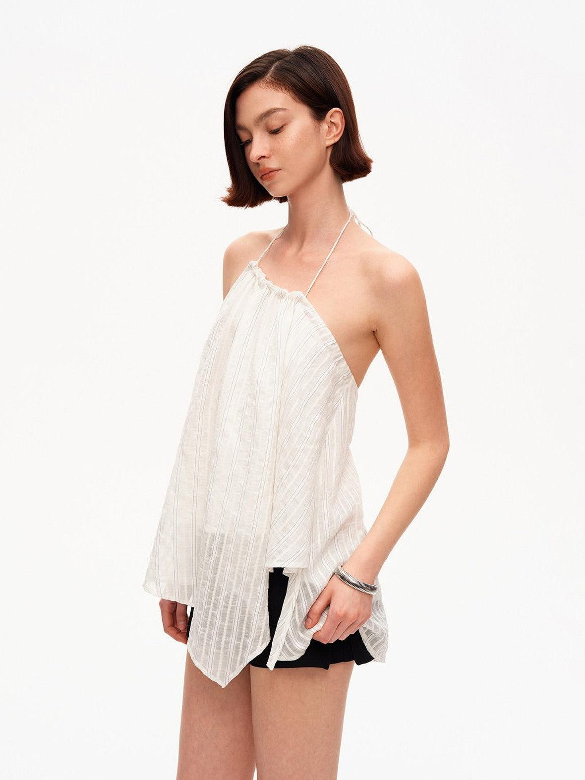 STRIKE A POSE Textured Ruched Halter A Line Slanted Hem Layered Women&