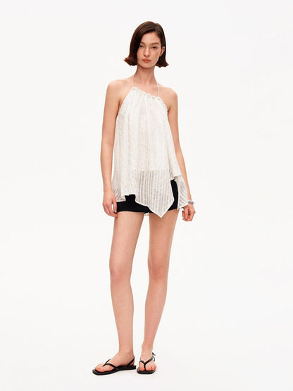 STRIKE A POSE Textured Ruched Halter A Line Slanted Hem Layered Women&