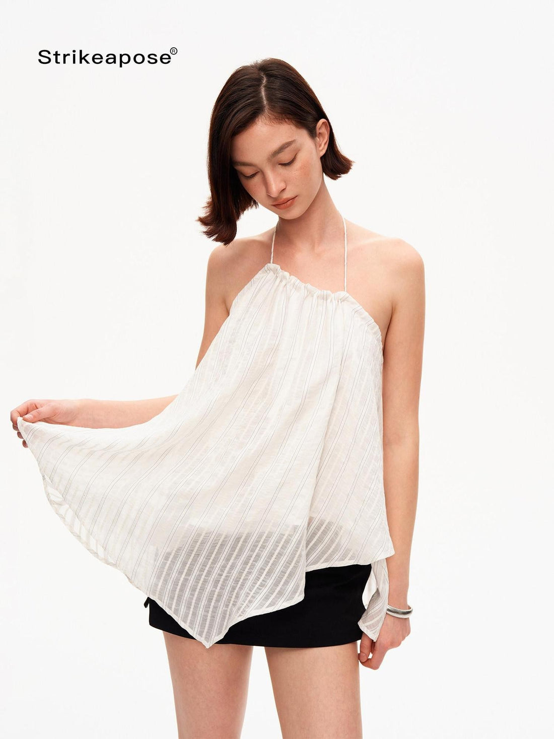 STRIKE A POSE Textured Ruched Halter A Line Slanted Hem Layered Women&