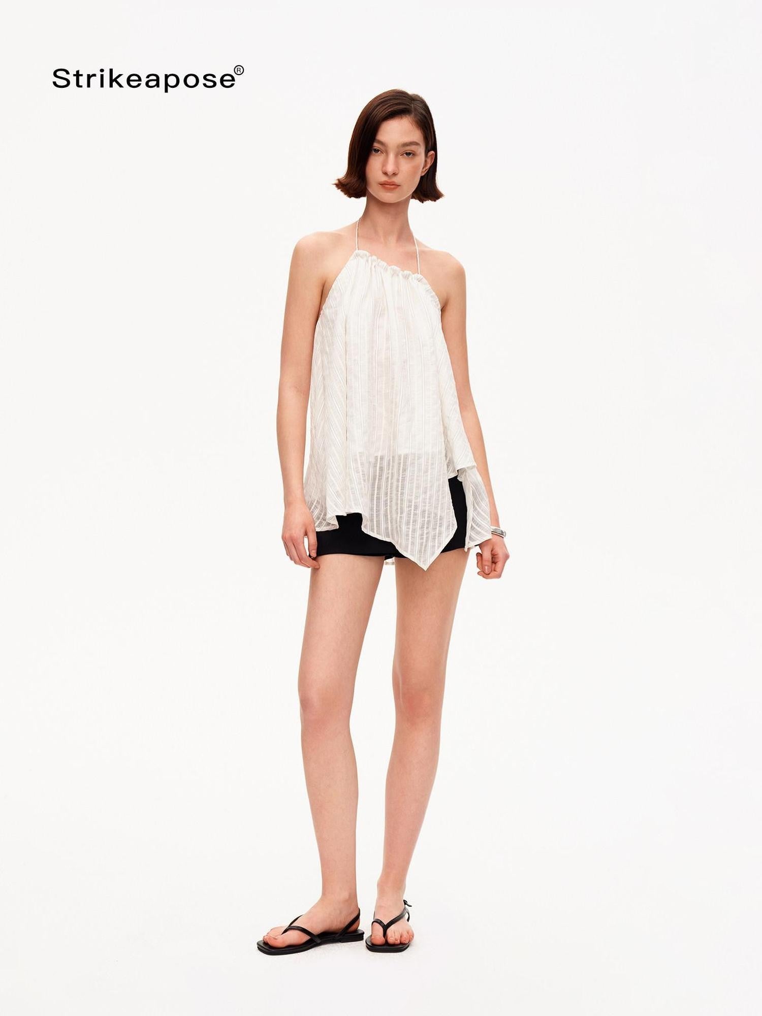STRIKE A POSE Textured Ruched Halter A Line Slanted Hem Layered Women&