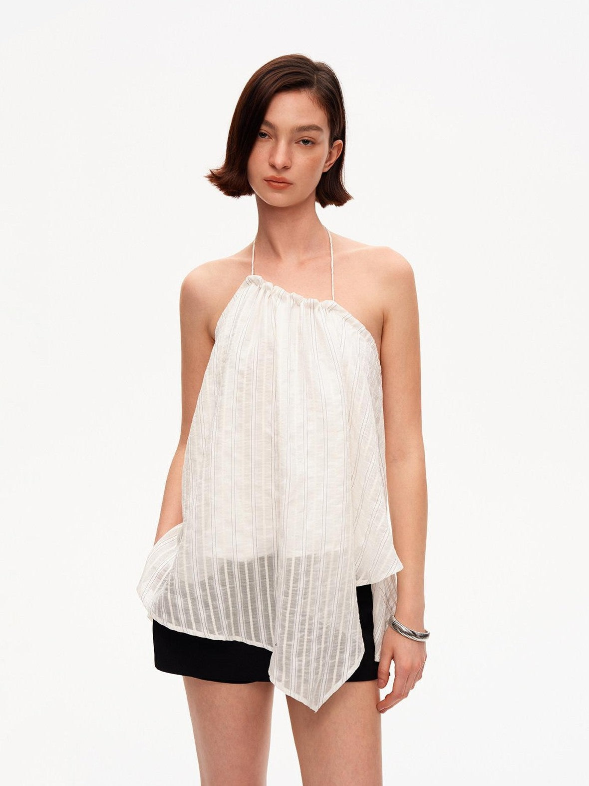 STRIKE A POSE Textured Ruched Halter A Line Slanted Hem Layered Women&