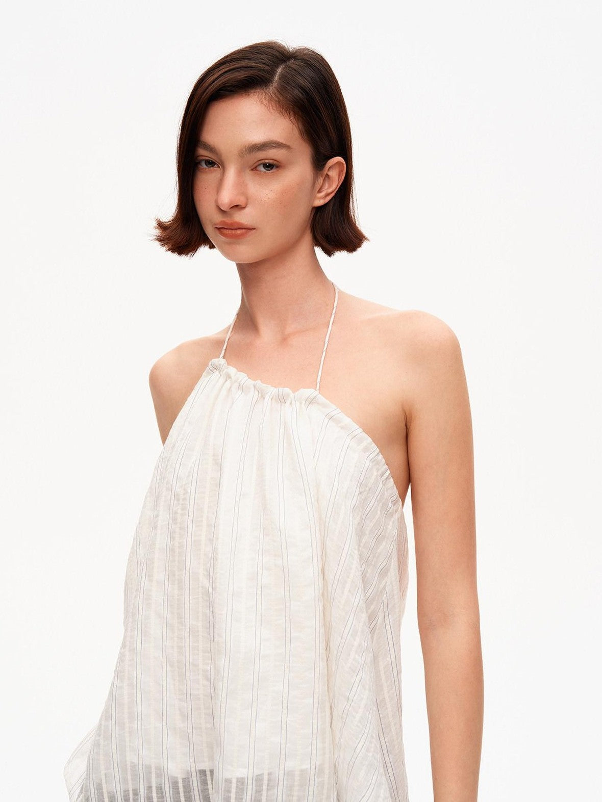 STRIKE A POSE Textured Ruched Halter A Line Slanted Hem Layered Women&