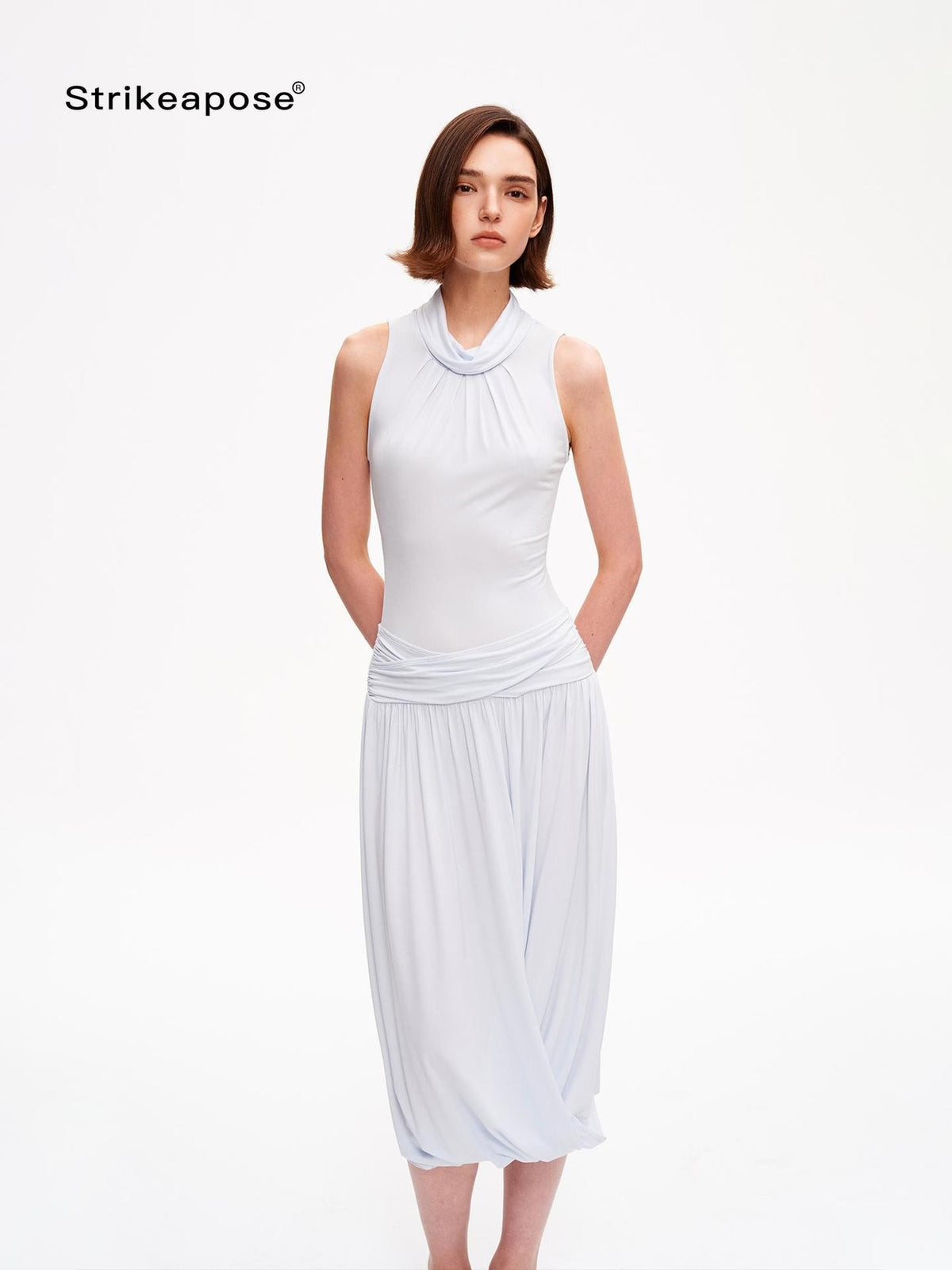 STRIKE A POSE Textured Sleeveless Mock Neck Fitted Waist Women&