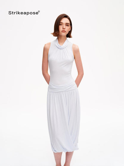 STRIKE A POSE Textured Sleeveless Mock Neck Fitted Waist Women&